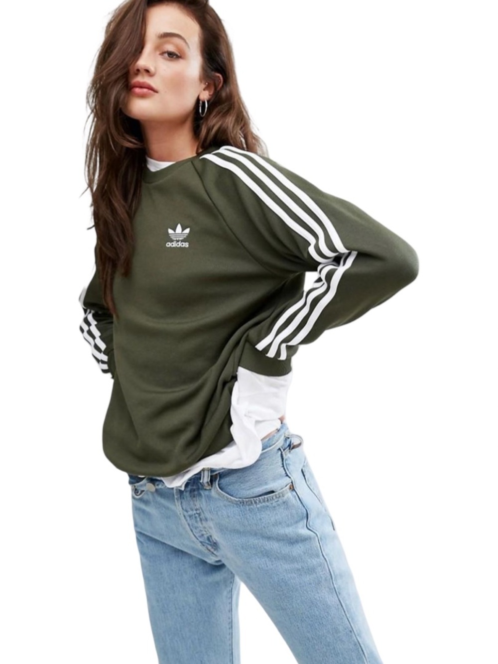 adidas Olive Green Originals Three Stripe Boyfriend Sweatshirt Women’s Small